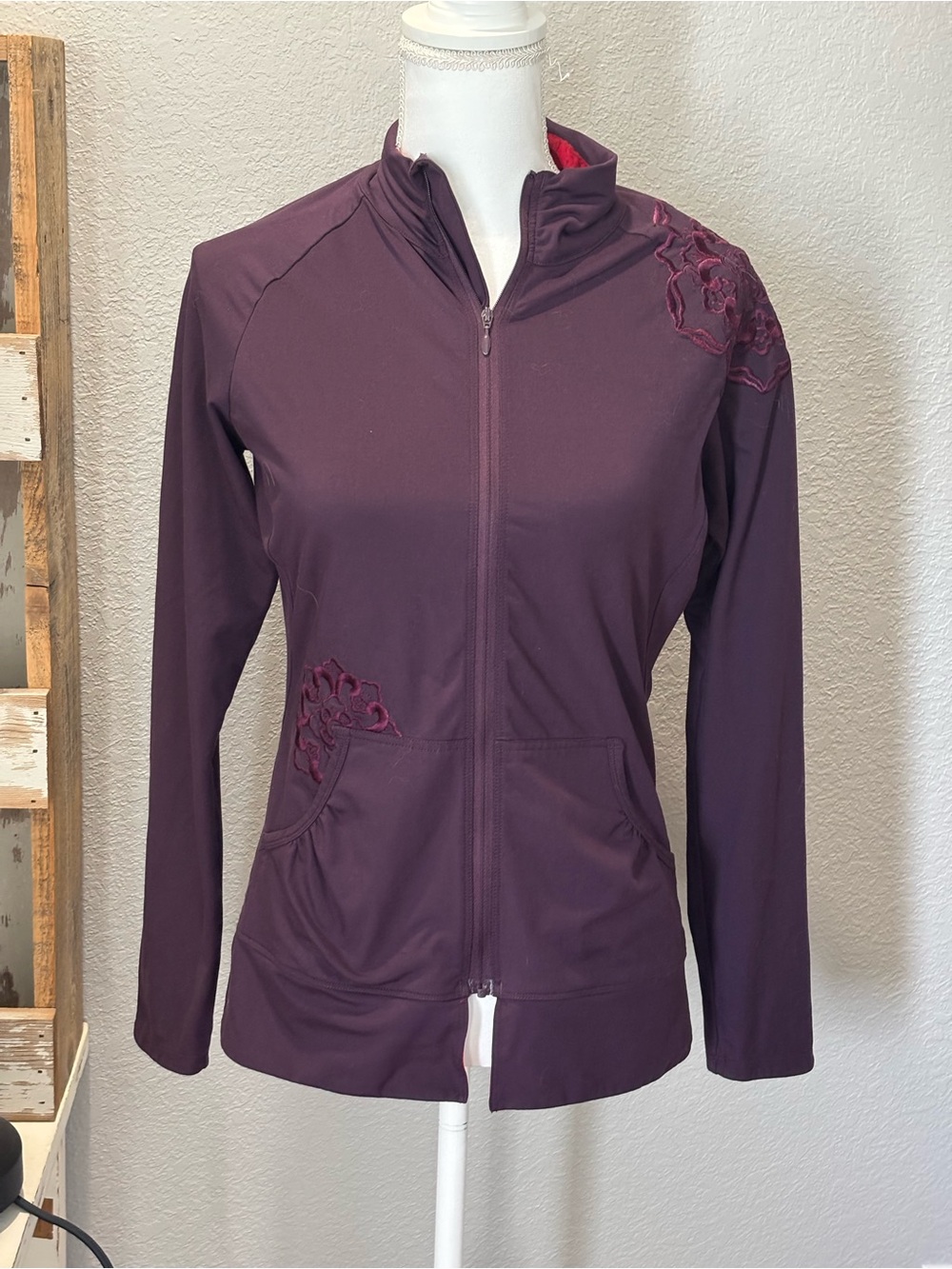 REI Plum Full-Zip Utility/ Running/Workout Jacket with Embroidered Accents